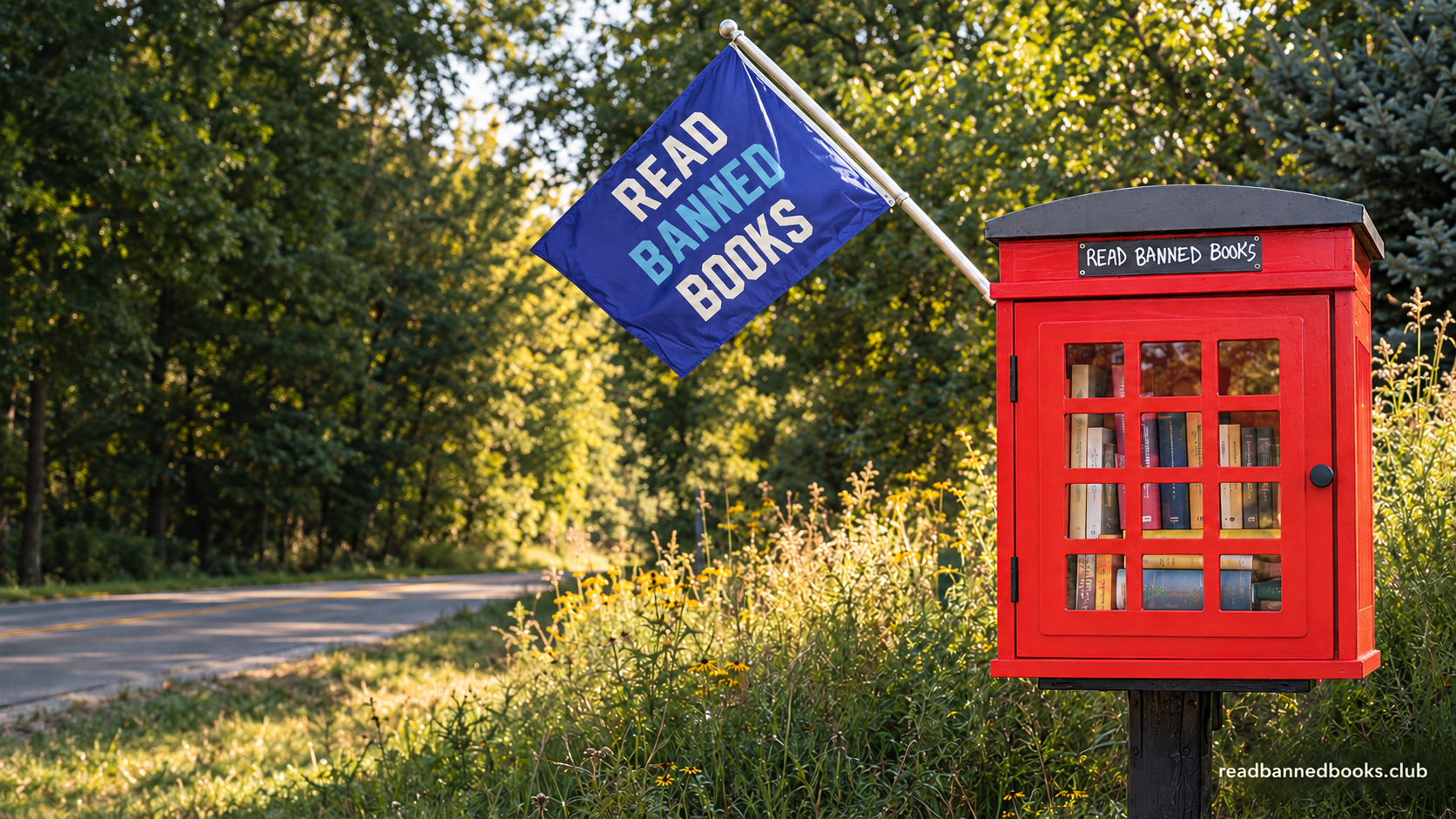 A Read Banned Books flag flying above a red roadside library in Afton
